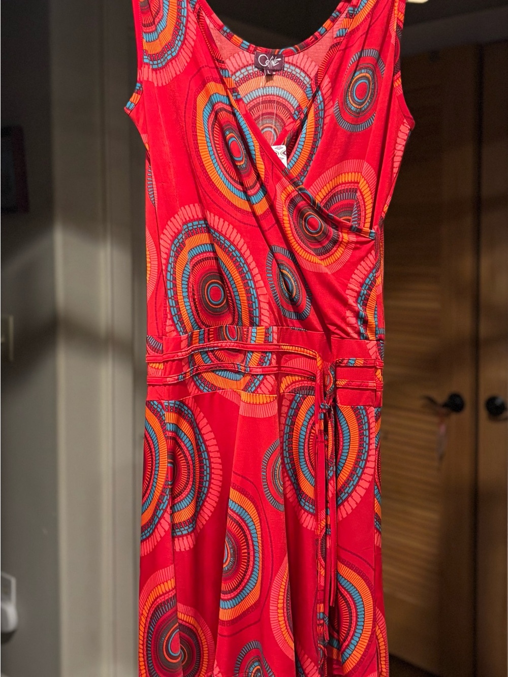 Coline Sleeveless Red Wrap-Style Mini Dress with Geometric Print - NWT